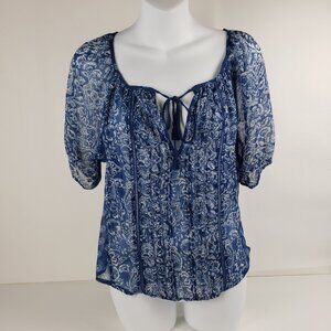 Abercrombie & Fitch XS Blue Floral Blouse Top Semi Sheer Women Tassel Cutout